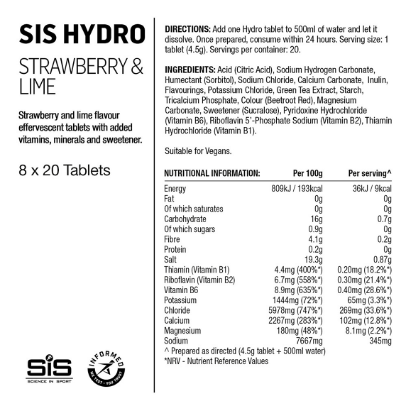 SIS Science In Sport Tavolette Effervescente Idratazione Go Hydro Tablets Gusto Fragola E Lime 20x4g